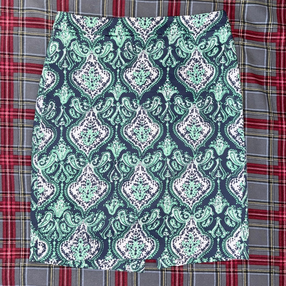 J.Crew Pencil Skirt Womens 4 Green Navy Paisley Cotton Stretch 37532 Excellent